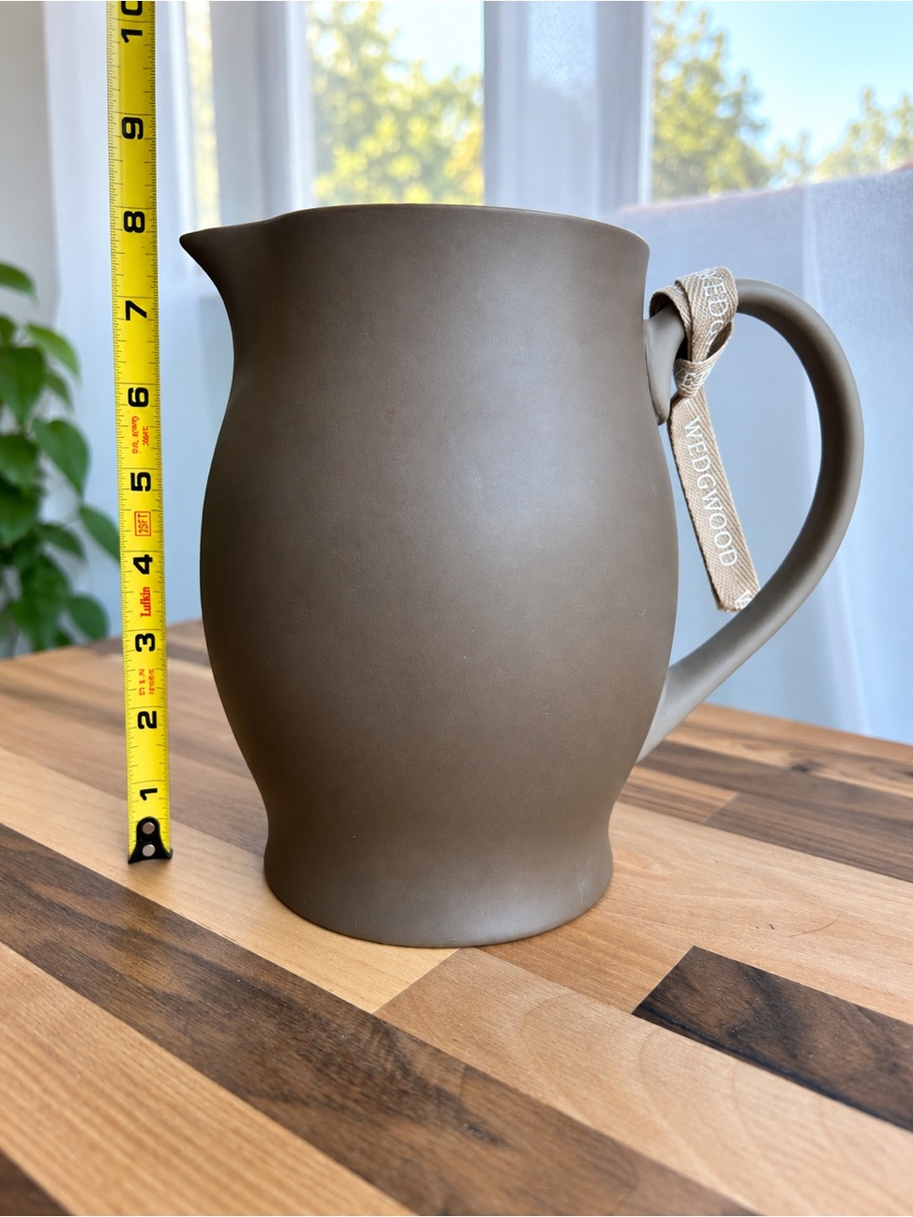 Wedgwood Clay Pitcher Jug Taupe Brown Turquoise Rim Modern Stoneware 8”